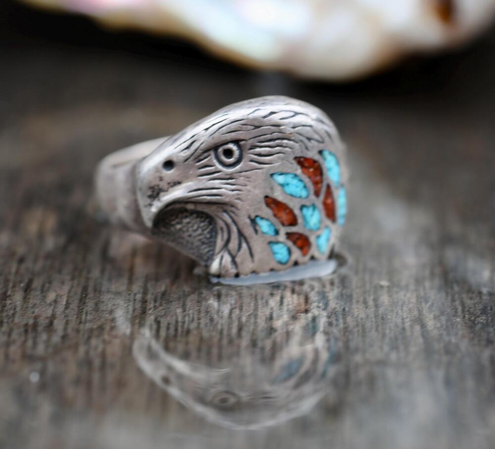 Sterling Silver Eagle Head Ring, Turquoise Coral Chip Inlay, Size 12